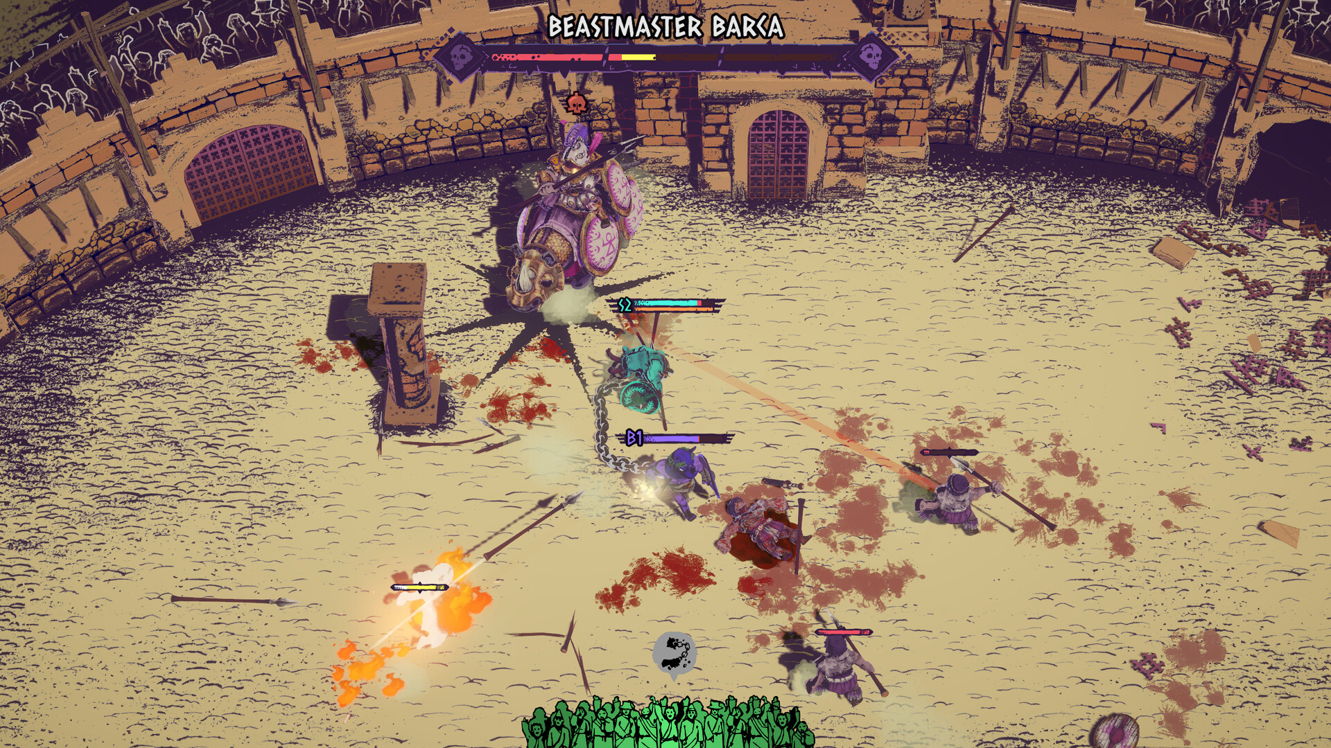 Boss banner reading Beastmaster Barca above a sand colosseum, with chained fighters, shields, spears, and fire.