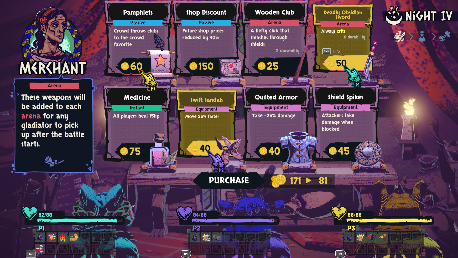 Night IV merchant with a Shift Info prompt on a weapon card and Tab and RT prompts along the party inventories.